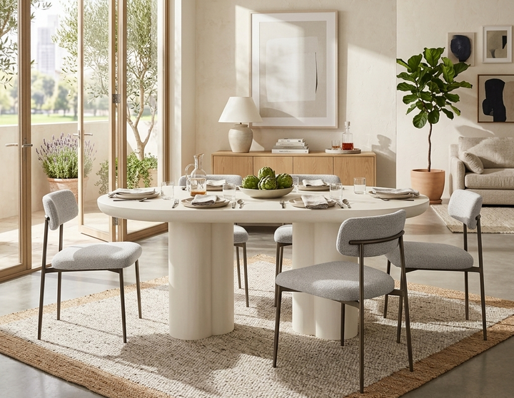 Modern dining room with a round table and chairs near large windows.