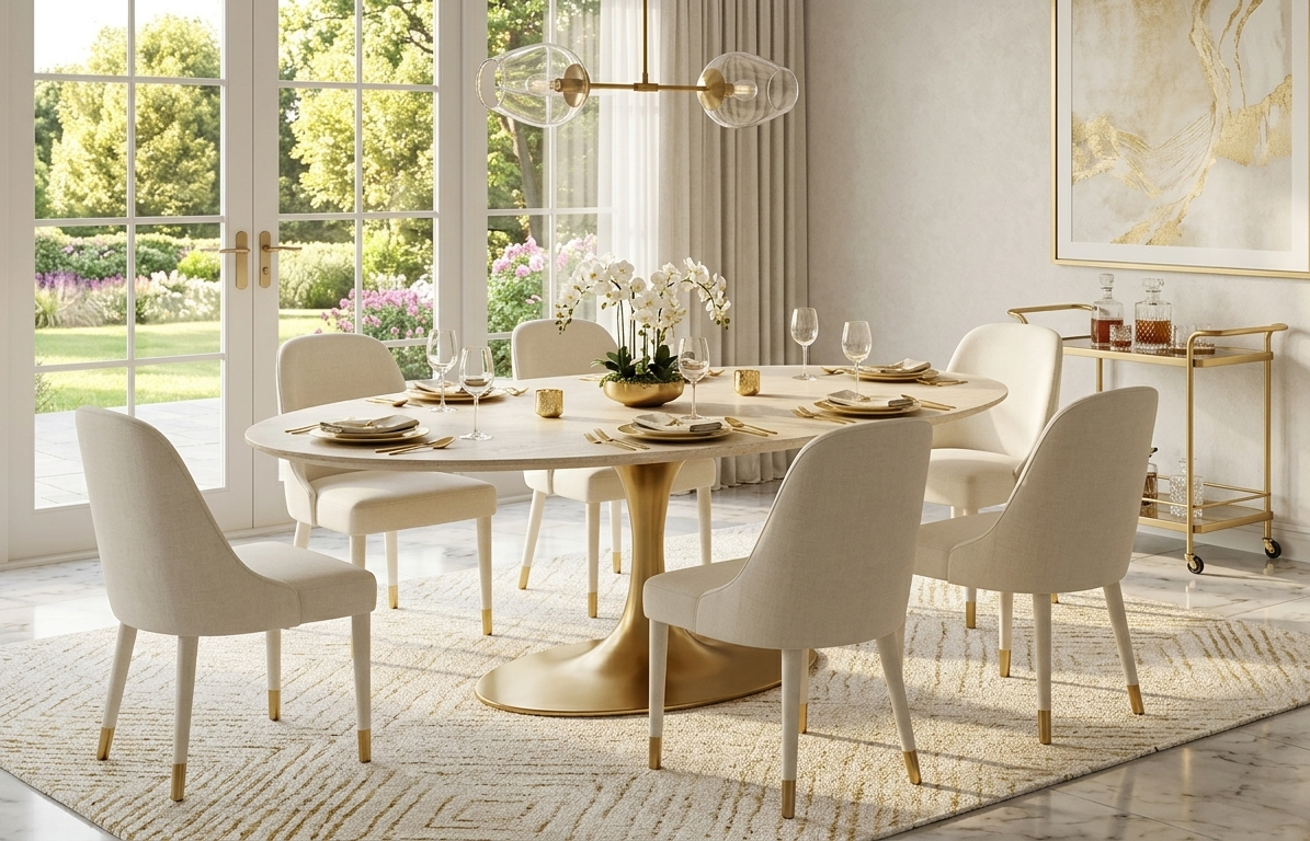 Modern dining room with a round table and chairs near large windows with a garden view.