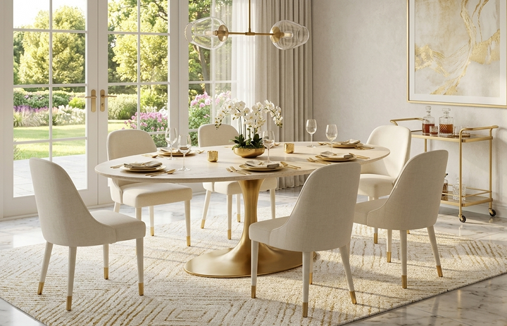 Modern dining room with a round table and chairs near large windows with a garden view.