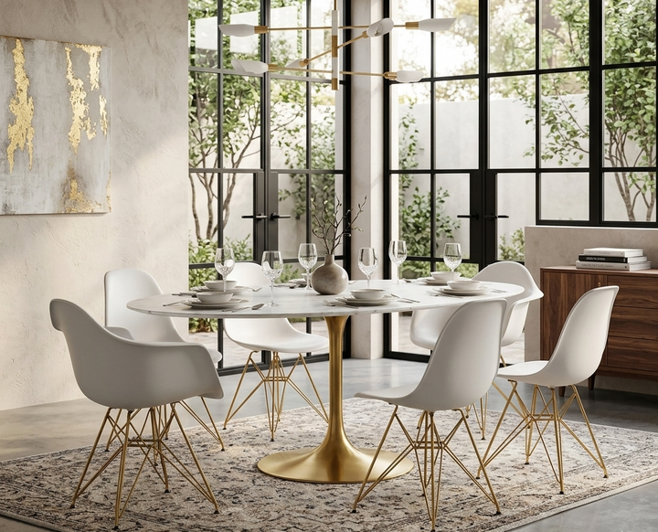 Modern dining room with a round table and white chairs in a well-lit room.