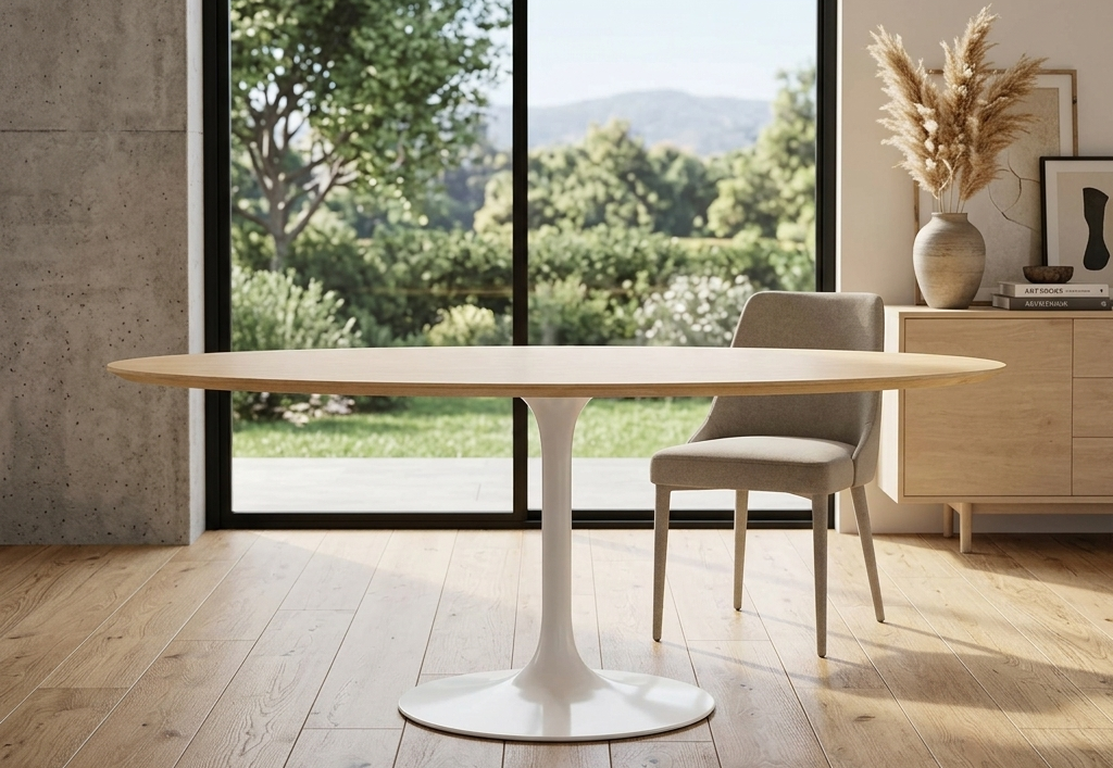 Modern dining room with a round wooden table and chair, large windows showing greenery outside.