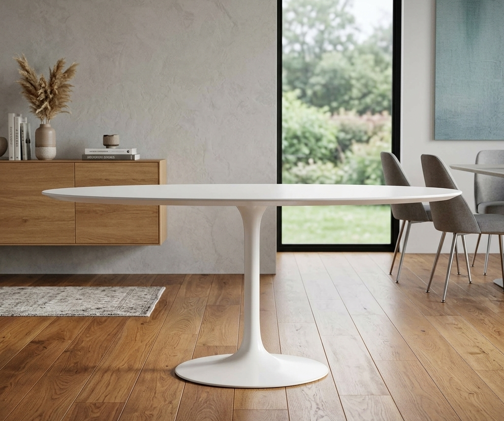 Modern dining room with a white oval table and wooden floor.