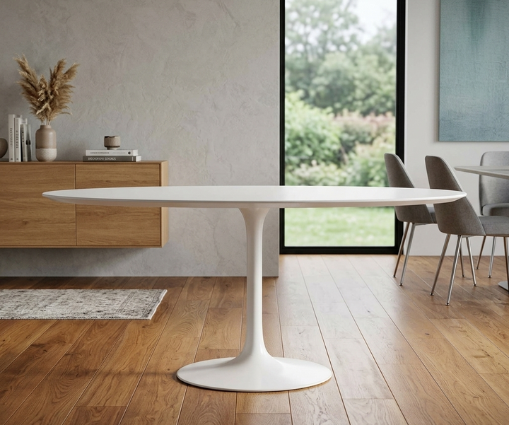 Modern dining room with a white oval table and wooden floor.