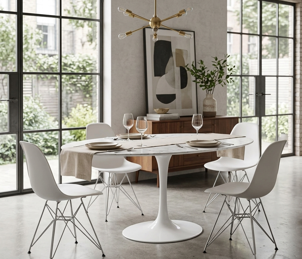 Modern dining room with a white round table and chairs, large windows, and abstract art on the wall.