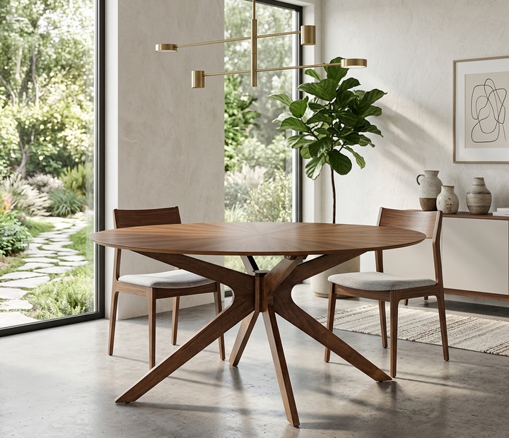 Modern dining room with a wooden table and chairs, large windows, and decorative elements.