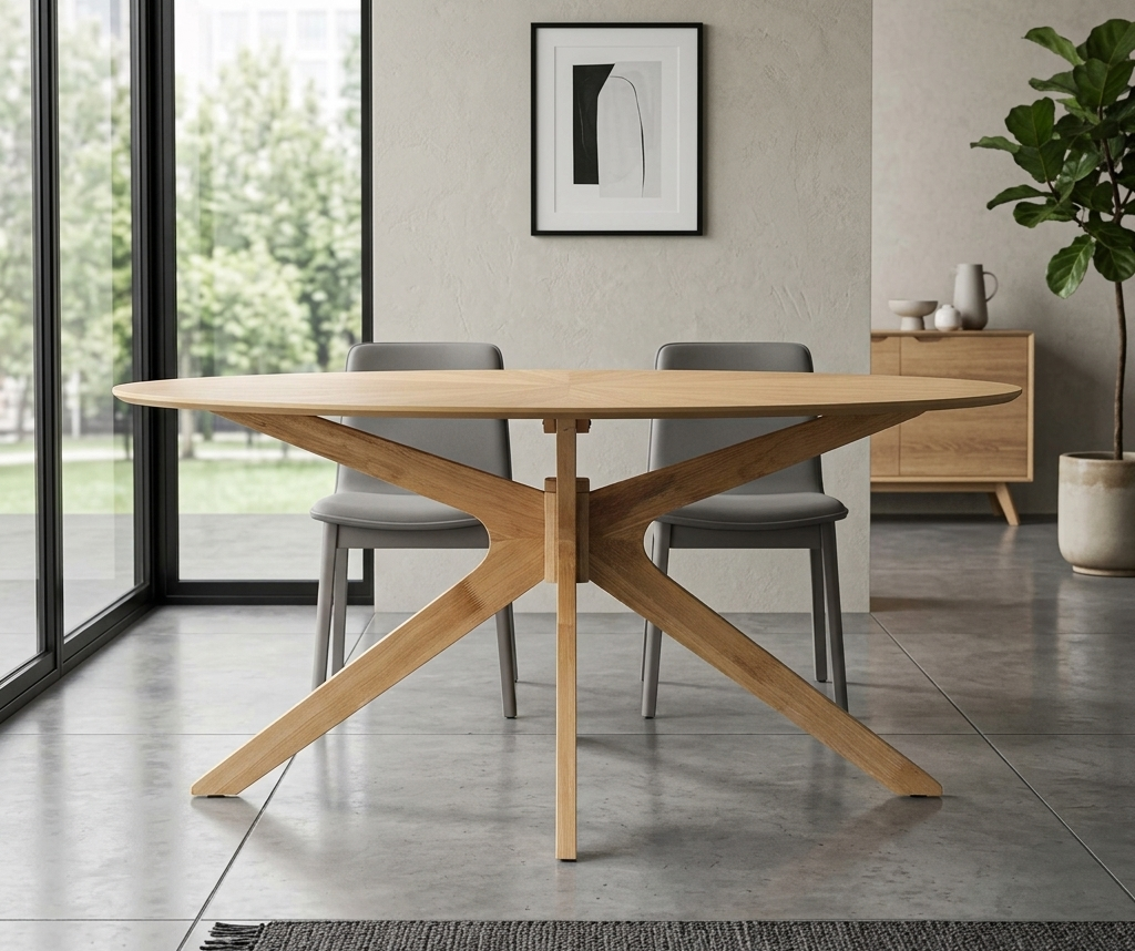 Modern dining room with a wooden table and chairs near large windows.