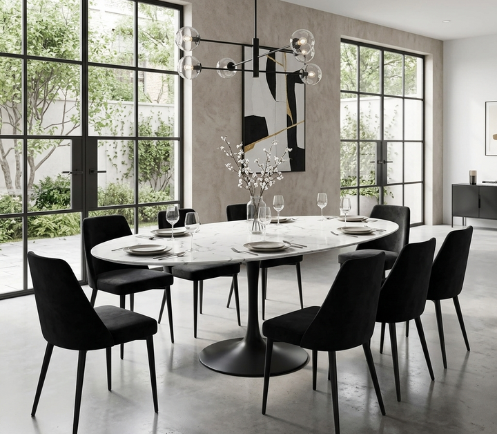 Modern dining room with black chairs and a marble table near large windows.