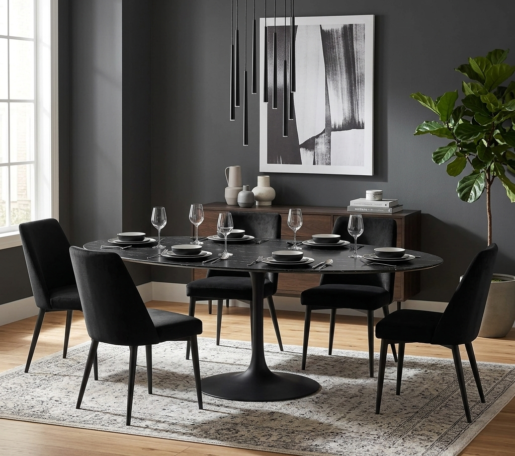 Modern dining room with black round table and chairs, abstract art on the wall, and a plant.