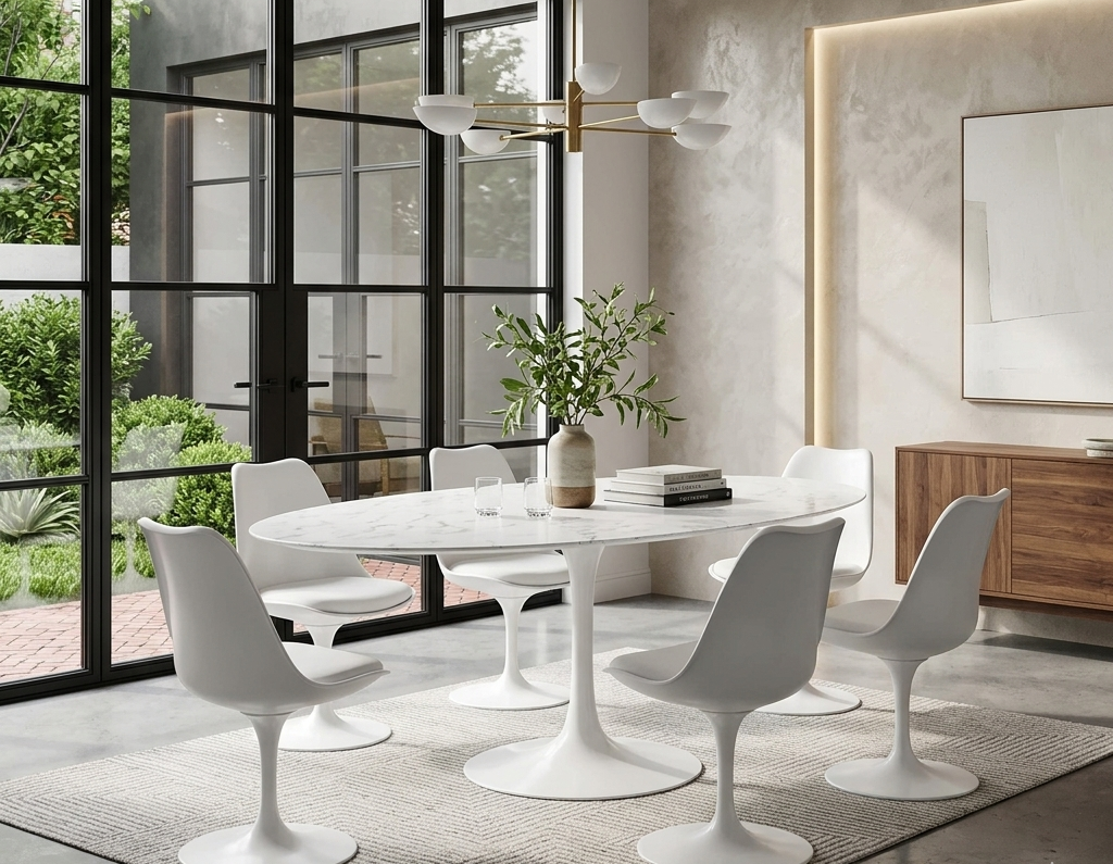 Modern dining room with white oval table and chairs, large windows, and a decorative plant.