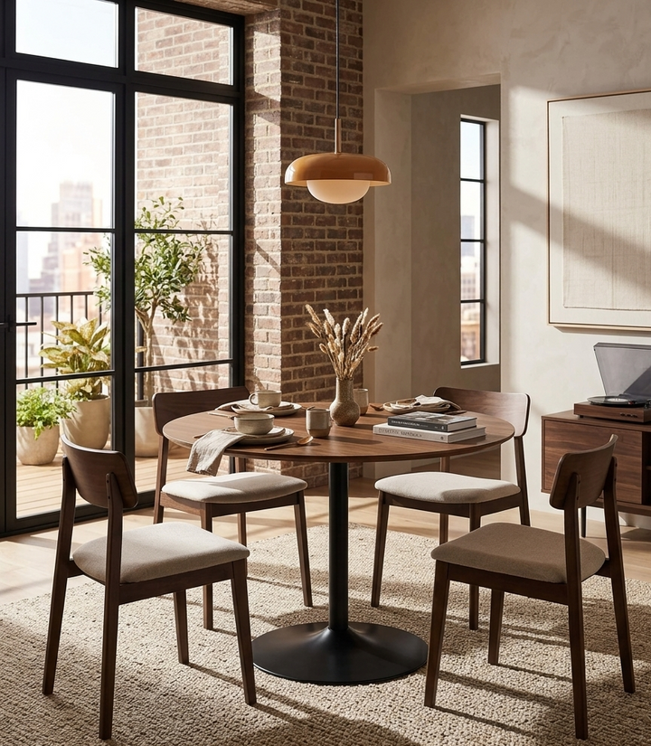 Modern dining room with wooden table and chairs, large windows, and a cityscape view.