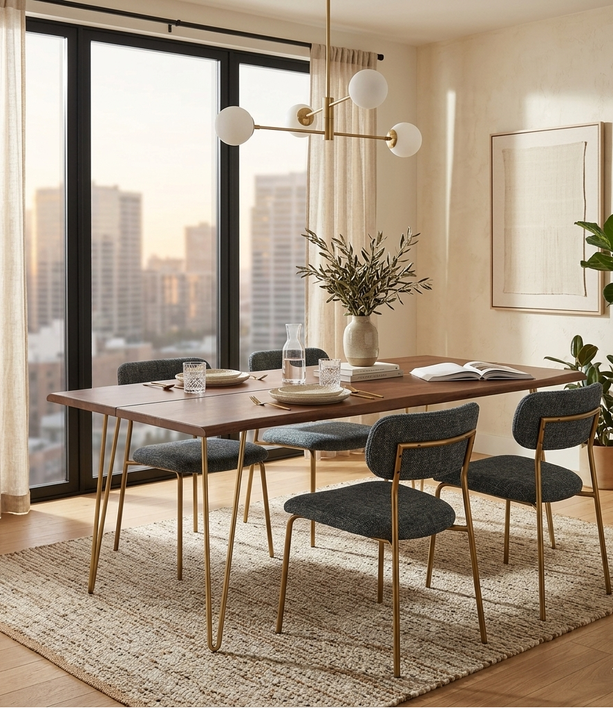 Modern dining room with wooden table and chairs, large windows, and cityscape view.