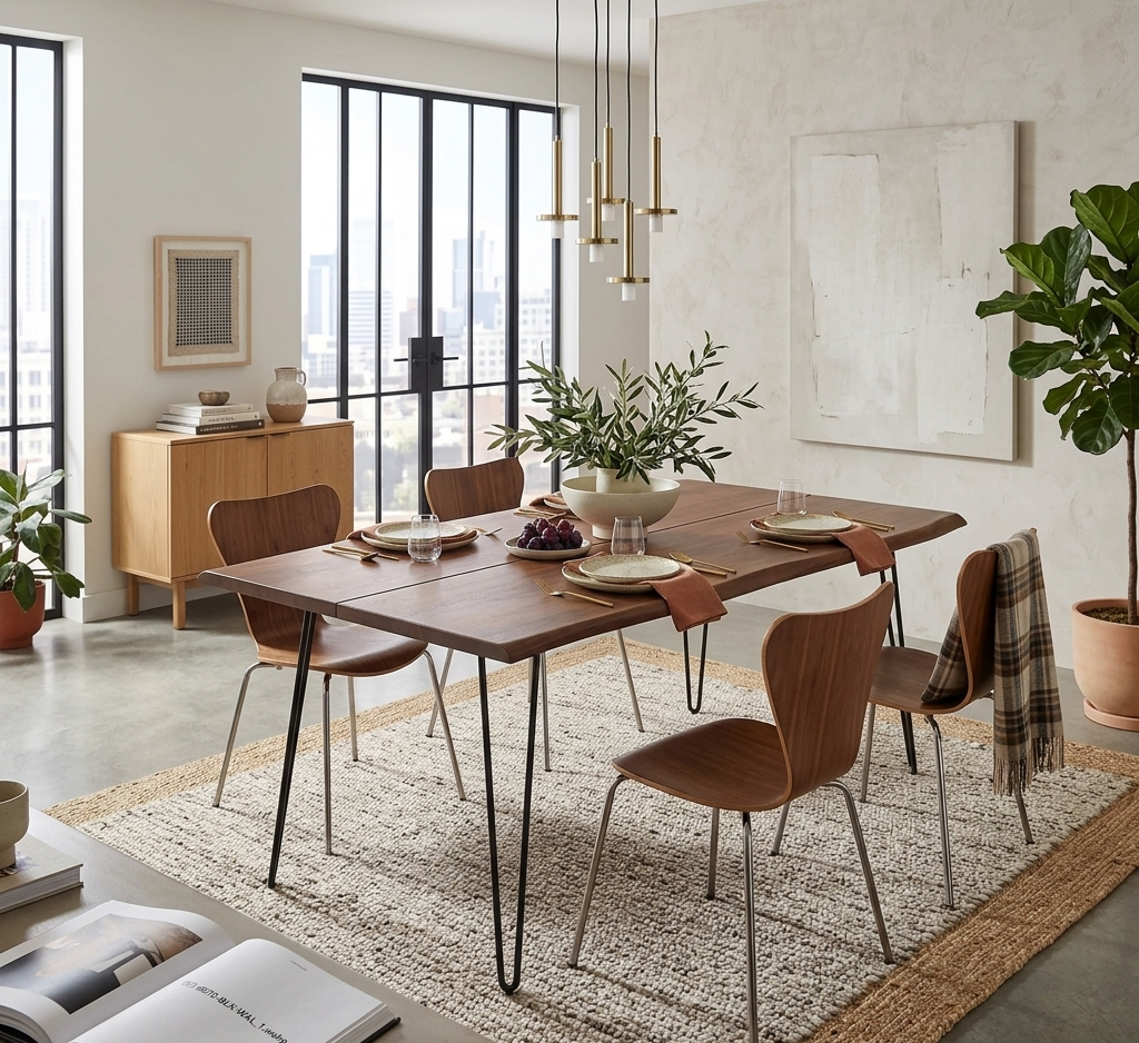 Modern dining room with wooden table and chairs, large windows, and decor elements.