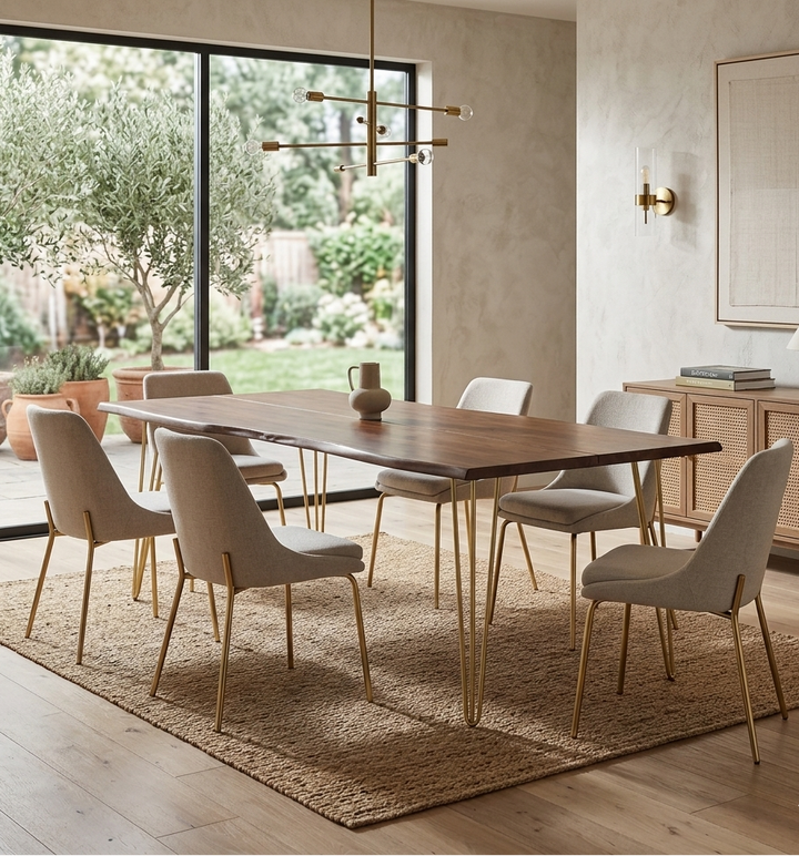 Modern dining room with wooden table and chairs near a large window with a garden view.