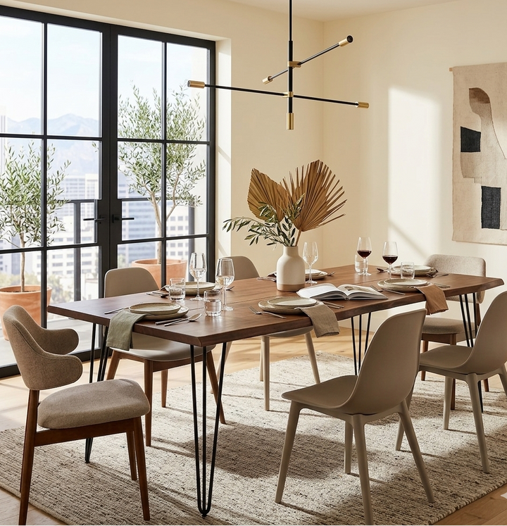 Modern dining room with wooden table and chairs near large windows.
