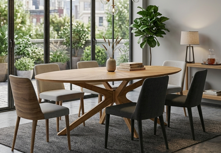 Modern dining room with wooden table and chairs near large windows with city viewa