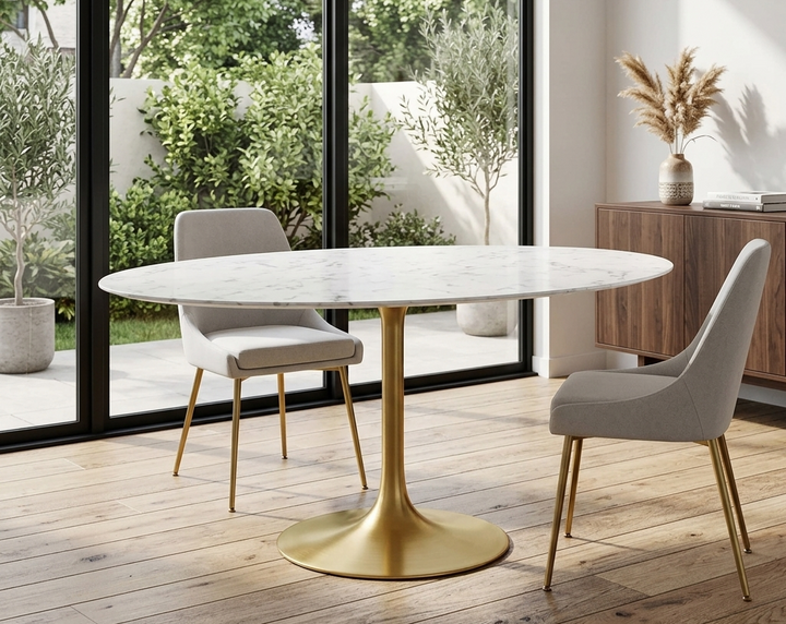 Modern dining table with marble top and gold base in a bright room with large windows.