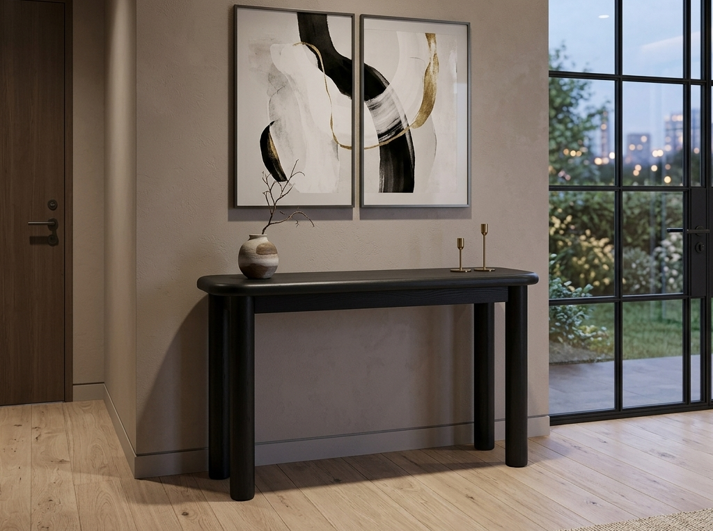Modern interior with a black console table against a wall with abstract art and a view of greenery outside.