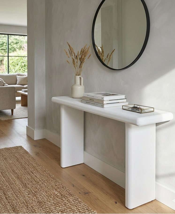 Modern interior with a white console table, round mirror, and decor items.