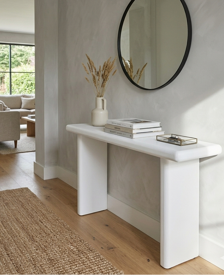 Modern interior with a white console table, round mirror, and decor items.