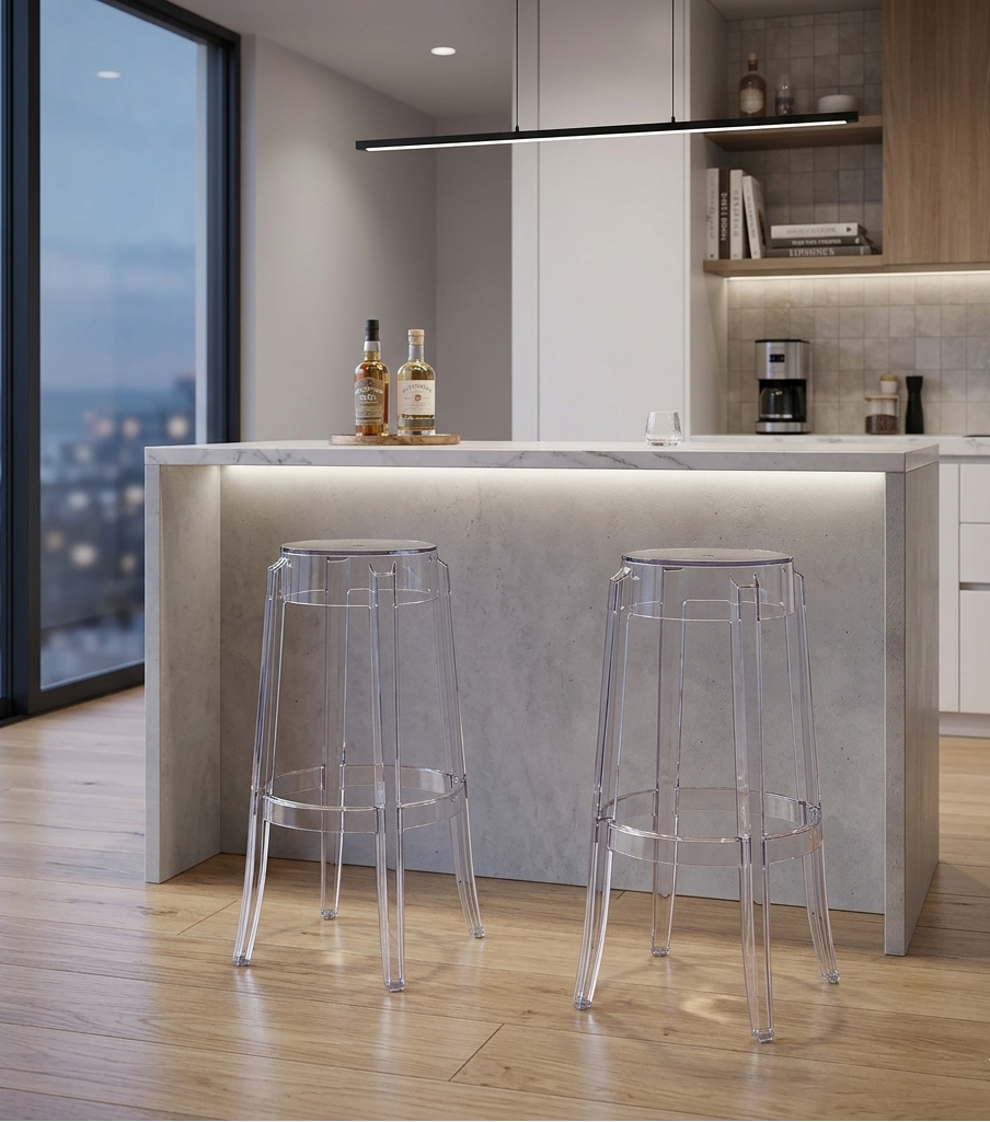 Modern kitchen with a bar area featuring two clear stools.