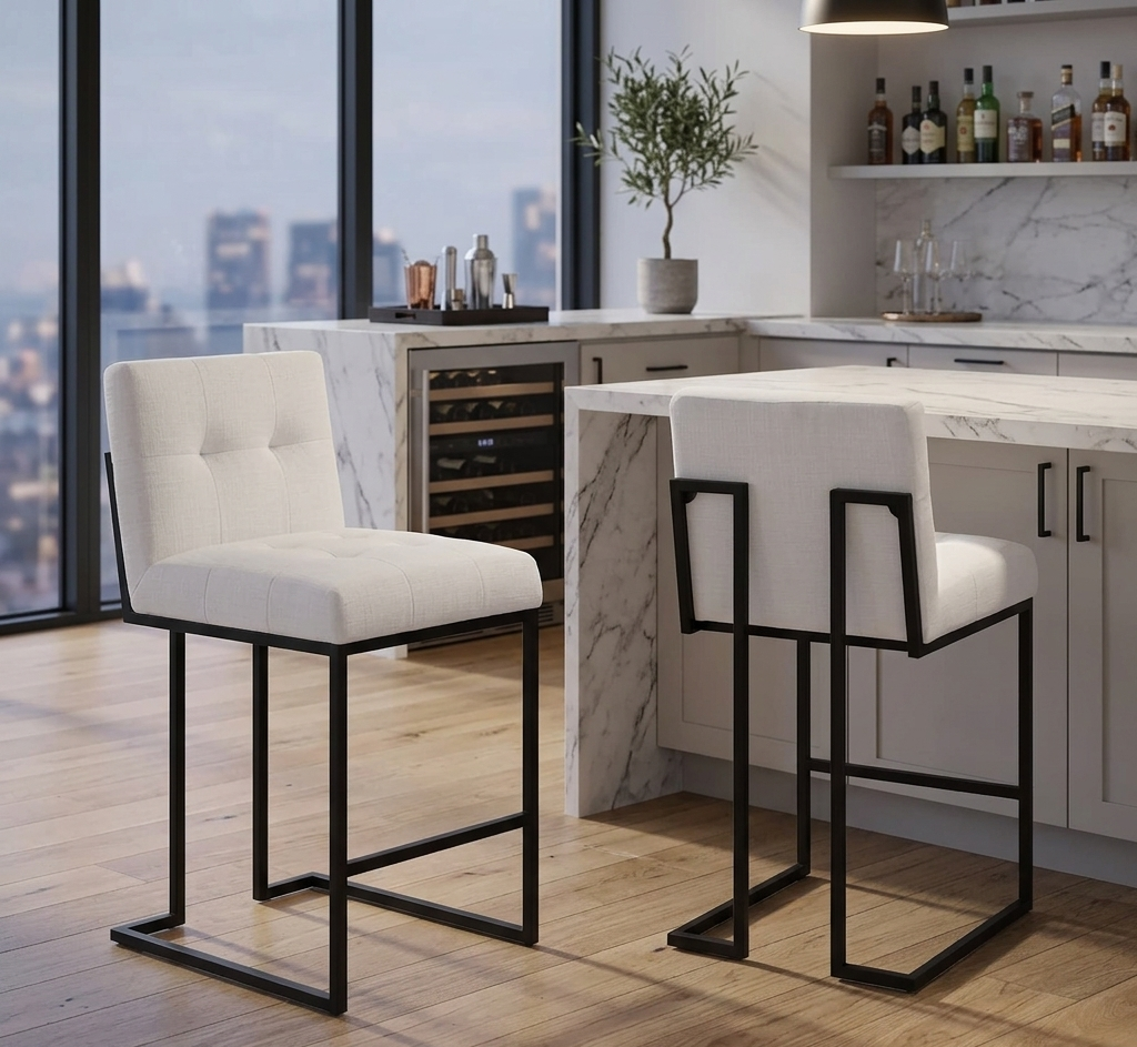 Modern kitchen with white bar stools and a cityscape view