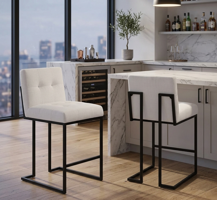 Modern kitchen with white bar stools and a cityscape view