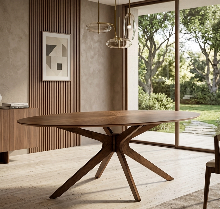 Modern wooden dining table in a stylish room with large windows and decor.