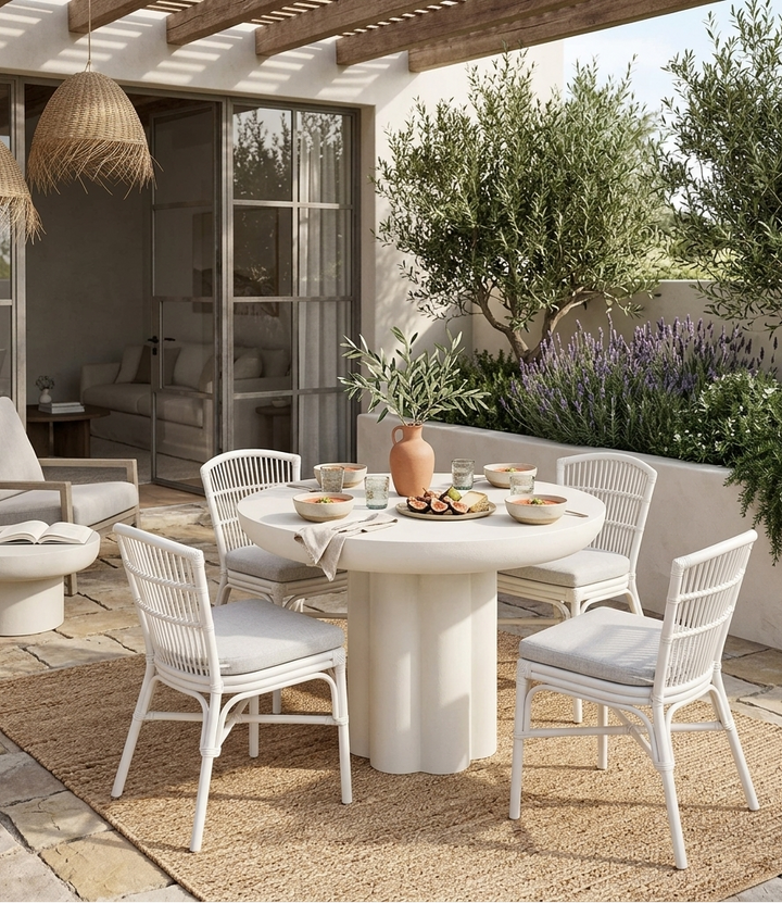 Outdoor patio setting with a round table and chairs, surrounded by plants and a living room.