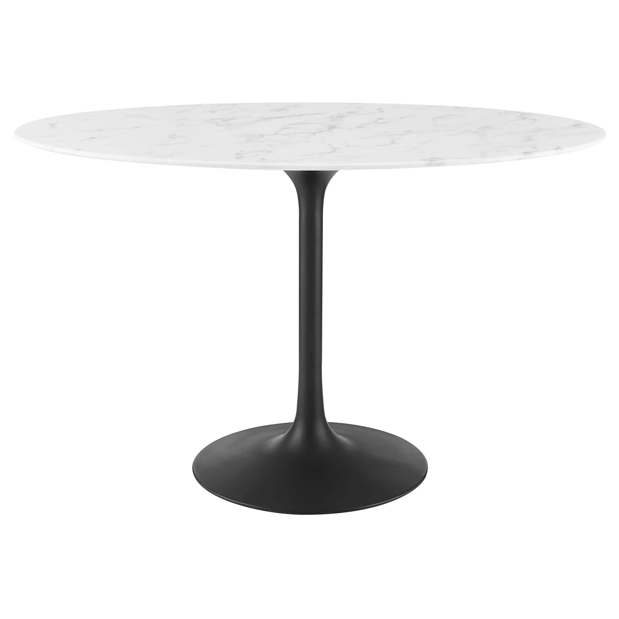 Round marble table with black pedestal base on a white background