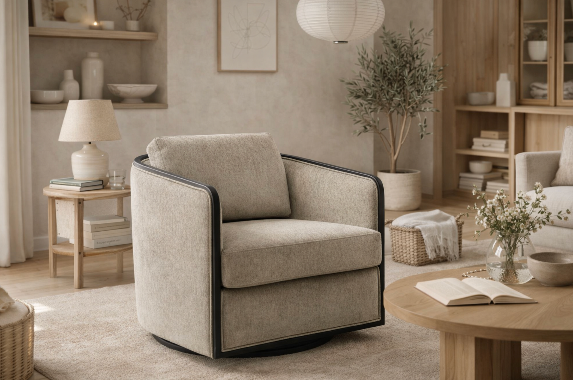 Vienna Swivel Chair – Taupe Chenille Upholstery with Matte Black Beech Frame