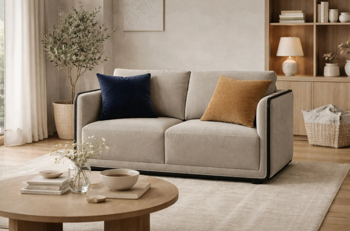 Vienna Loveseat – Taupe Chenille Upholstery with Matte Black Beech Frame Denmark Home