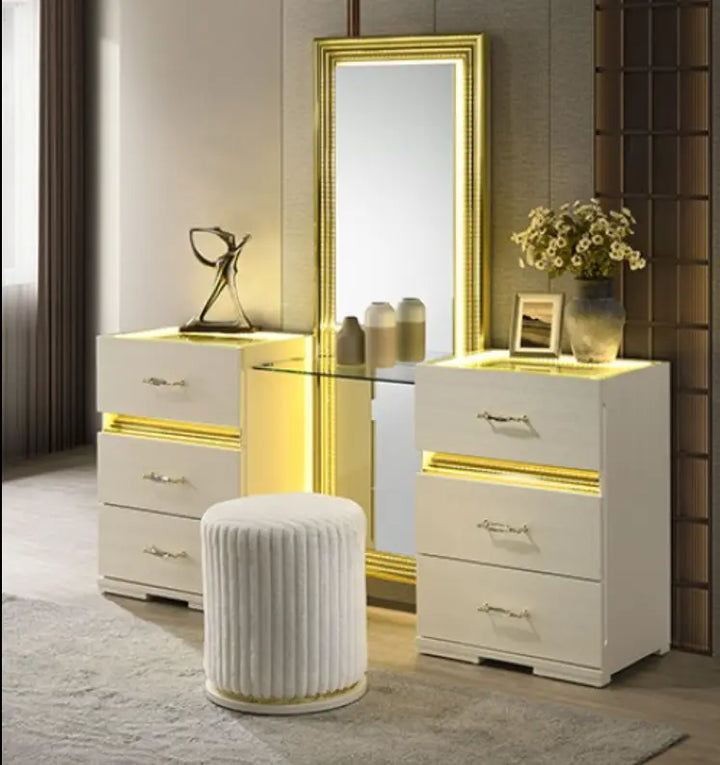 Hygge Vanity Stool – Beige Faux Denmark Home