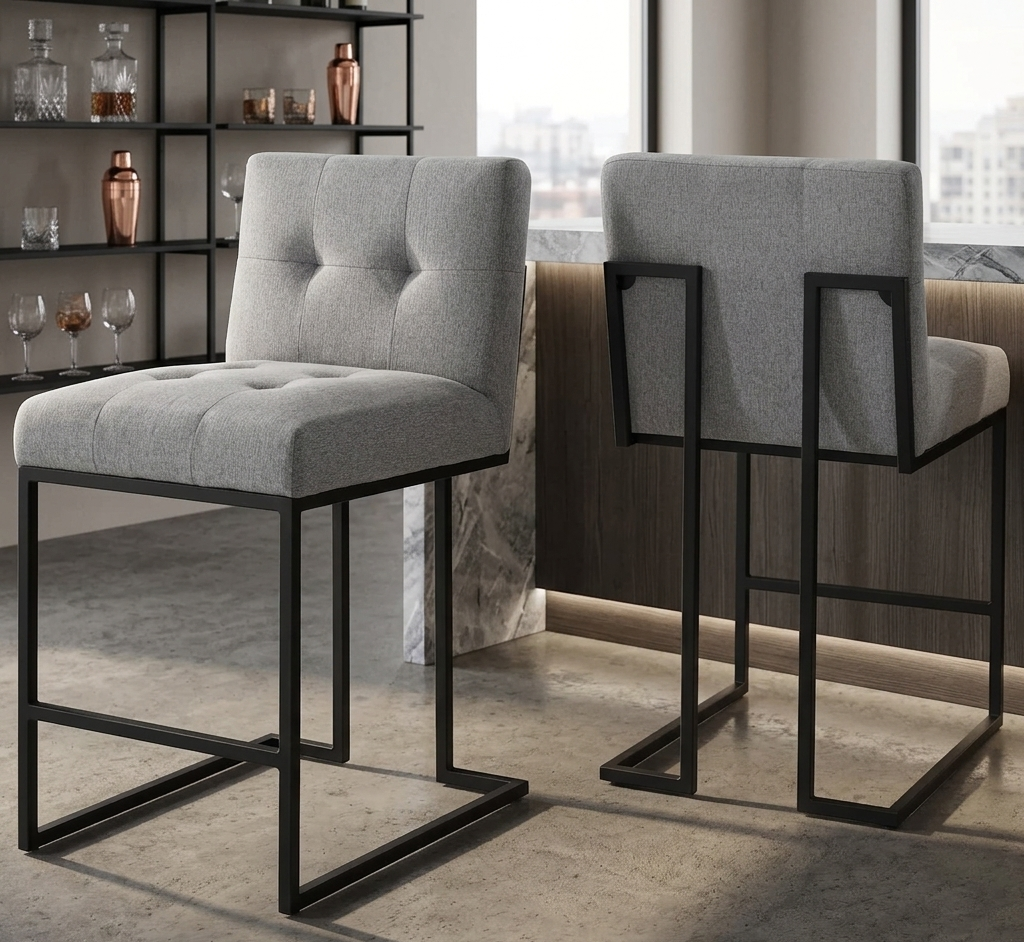Two gray bar stools with black metal legs in a modern interior setting.