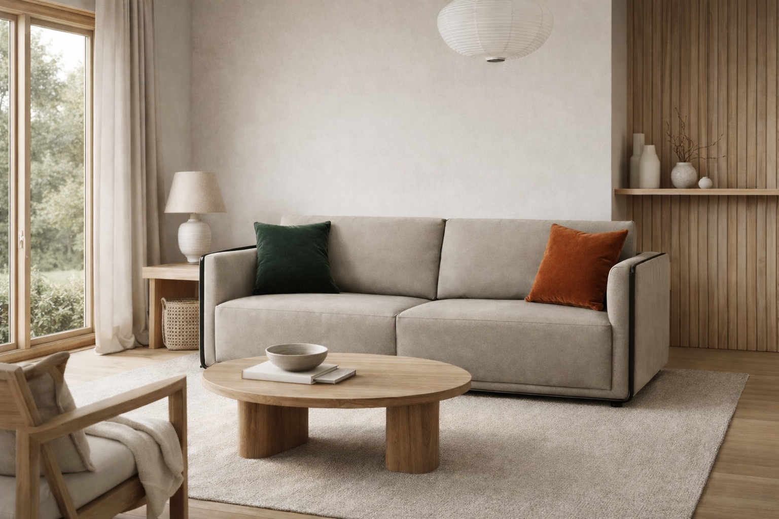 Vienna Sofa – Taupe Chenille Upholstery with Matte Black Beech Base