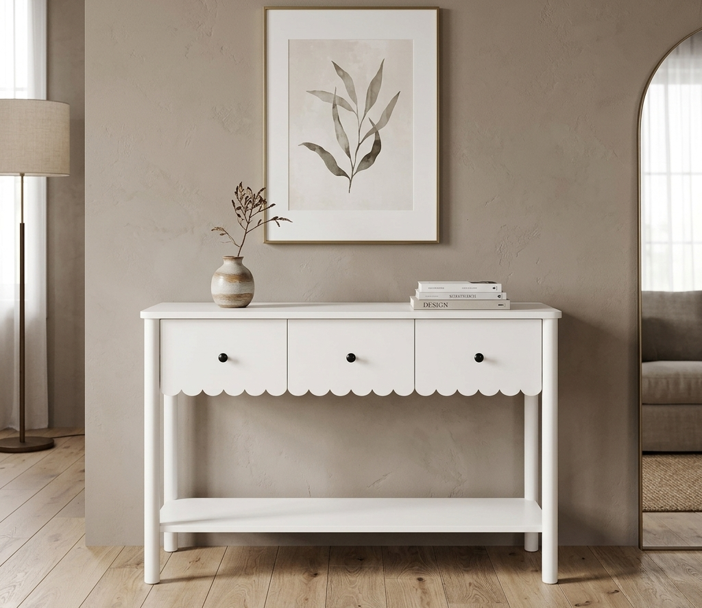 White console table with scalloped edge in a room with a lamp, plant, and framed picture on the wall.