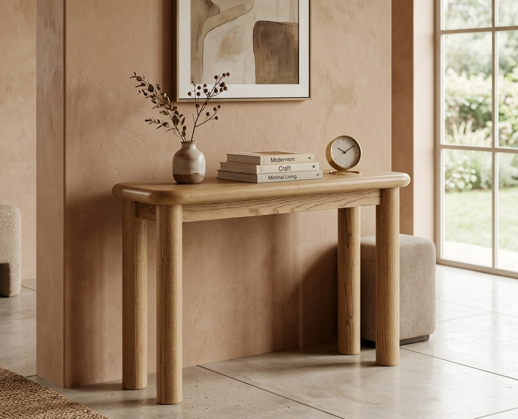 Wooden console table with decor items against a beige wall with a painting.
