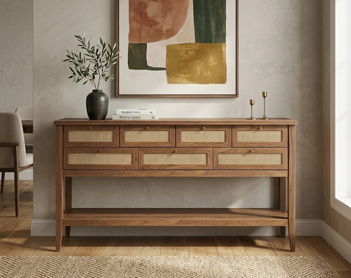 Wooden console table with decorative items against a wall with abstract art