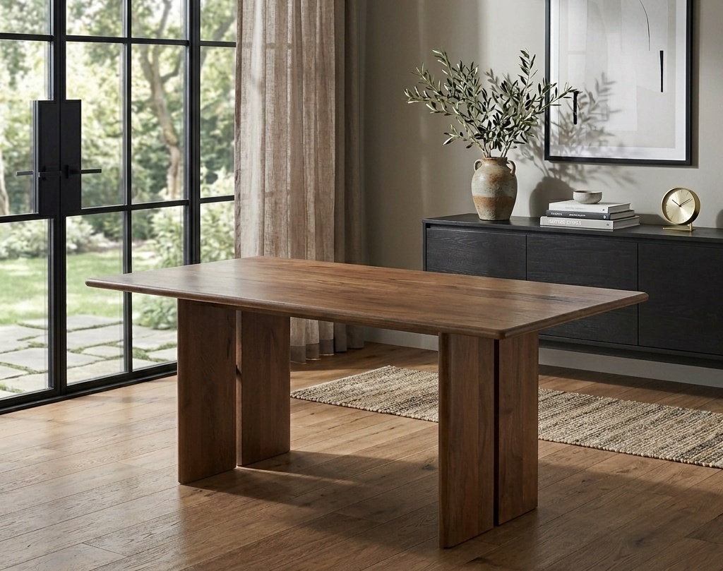 Wooden dining table in a modern living room with large windows and decor.