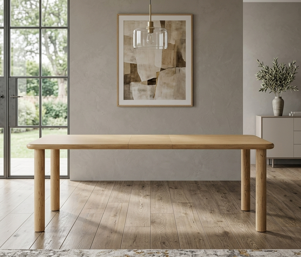 Wooden dining table in a modern room with abstract art and a vase.