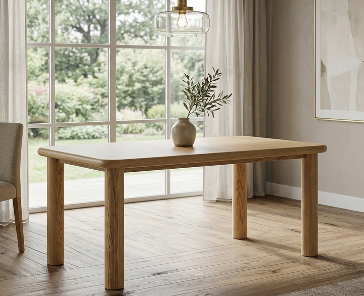 Wooden dining table in a room with large windows and a plant on it