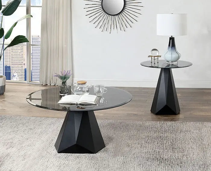 Torre End Table – Black/Gray with Geometric Base and Gray Beveled Glass Top Denmark Home