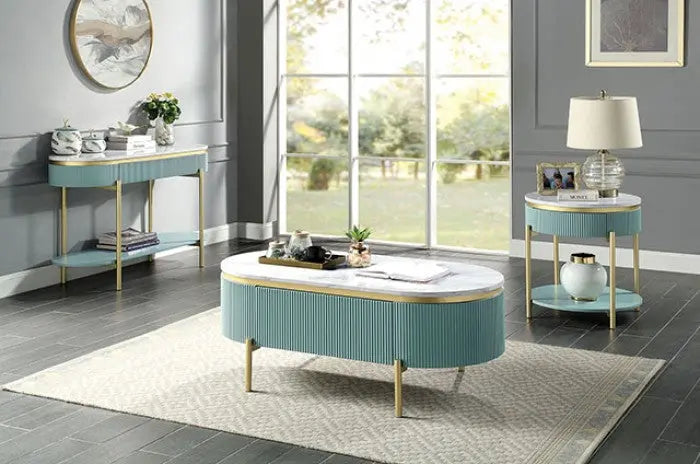 Sia  End Table – Light Teal with Faux Marble Top & Gold Legs Denmark Home