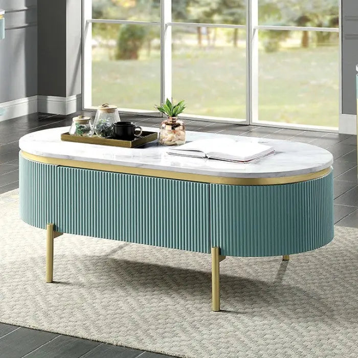 Sia Coffee Table – Light Teal with White Faux Marble Top and Gold Legs Denmark Home