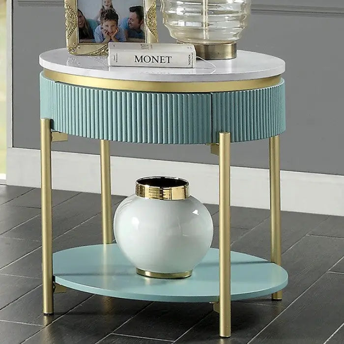 Sia  End Table – Light Teal with Faux Marble Top & Gold Legs Denmark Home