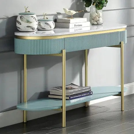 Sia Coffee Table – Light Teal with White Faux Marble Top and Gold Legs Denmark Home