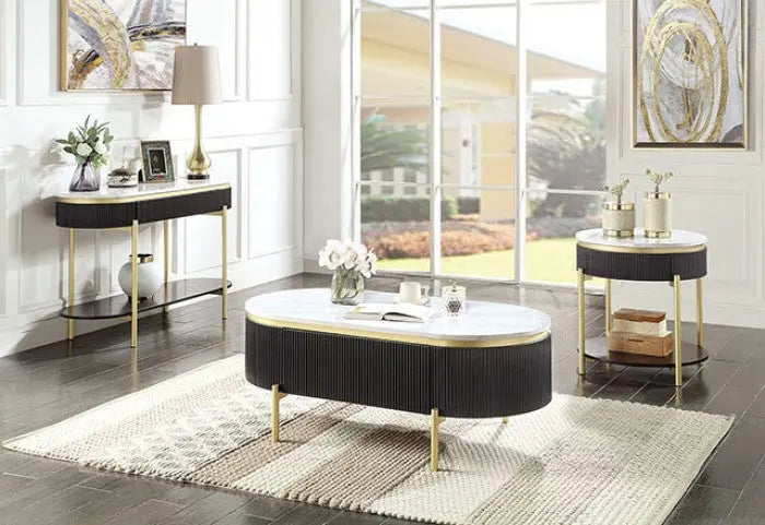 Sia Coffee Table – Dark Walnut with White Faux Marble Top and Gold Legs Denmark Home