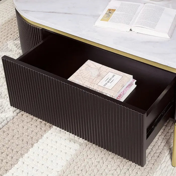 Sia Coffee Table – Dark Walnut with White Faux Marble Top and Gold Legs Denmark Home