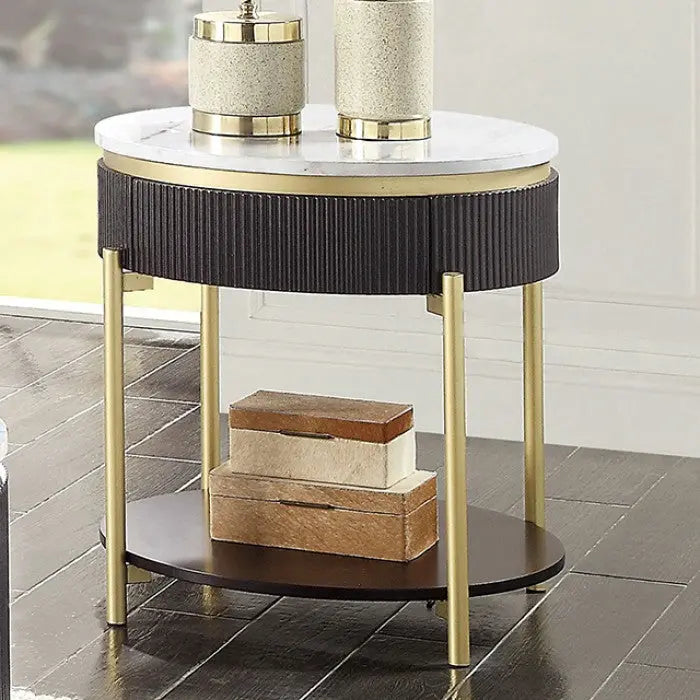Sia End Table – Dark Walnut with Faux Marble Top & Gold Legs Denmark Home