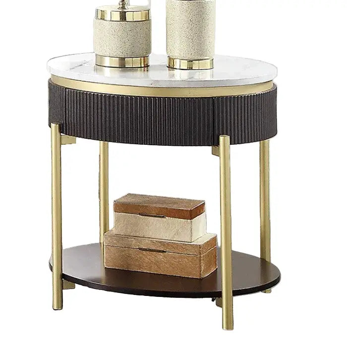 Sia End Table – Dark Walnut with Faux Marble Top & Gold Legs Denmark Home