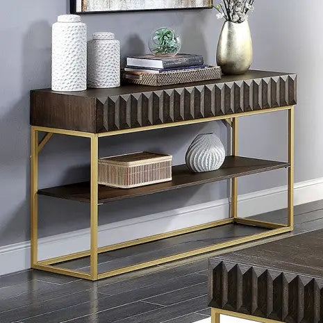 Wellington Sofa Table – Walnut & Gold with Textured Panels Denmark Home